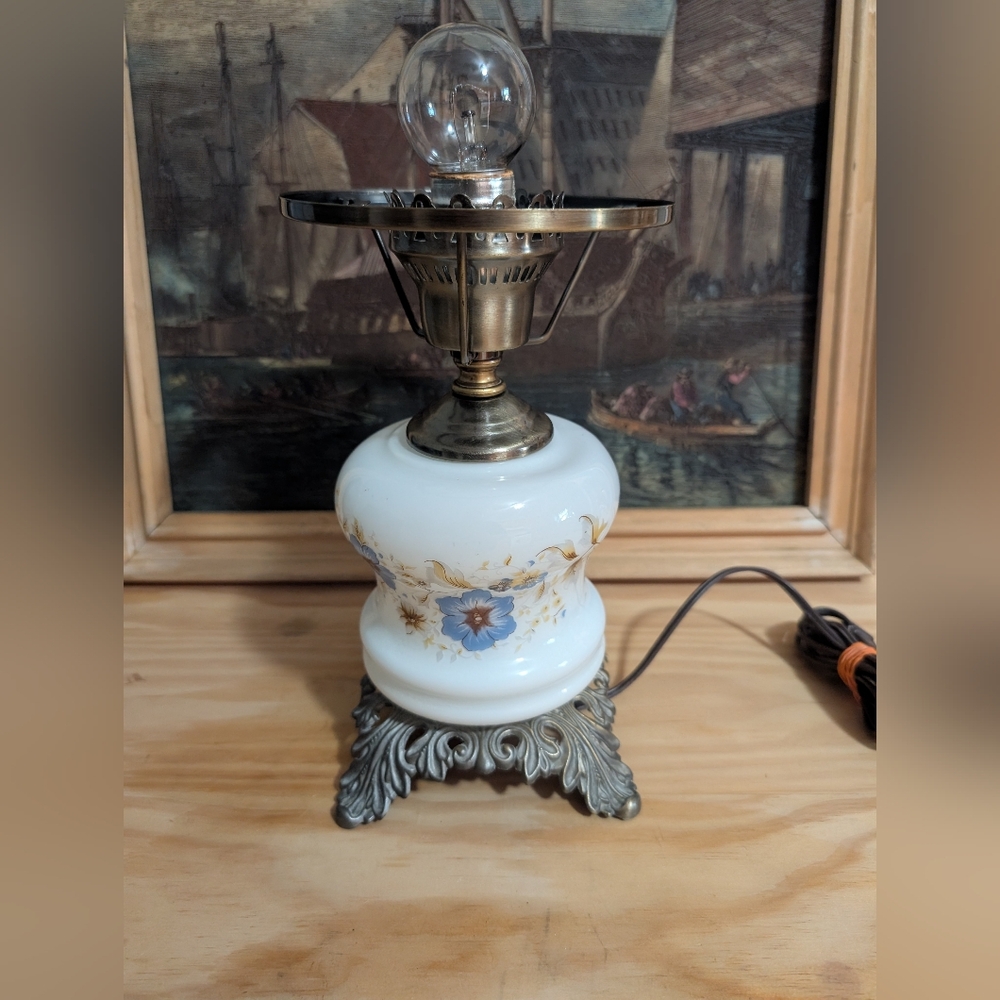 Milk Glass Painted Flowers Hurricane Parlor  Table Lamp GWTW Style